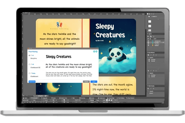 Exemple d'une intérface utilisant l'association de polices optimisée pas l'IA* de QuarkXPress 2026