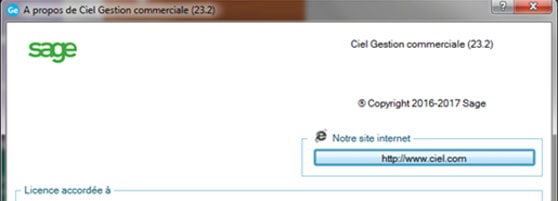 Capture d'écran montrant la fenêtre d'aide du logiciel Ciel avec en haut a droite le texte suivant : Ciel Gestion commerciale (23.2)
