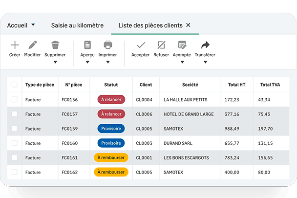 Capture d'écran d'un exemple de l'interface de l'onglet liste des pièces clients