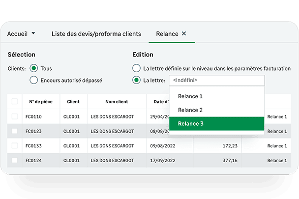 Capture d'écran de l'onglet Relance