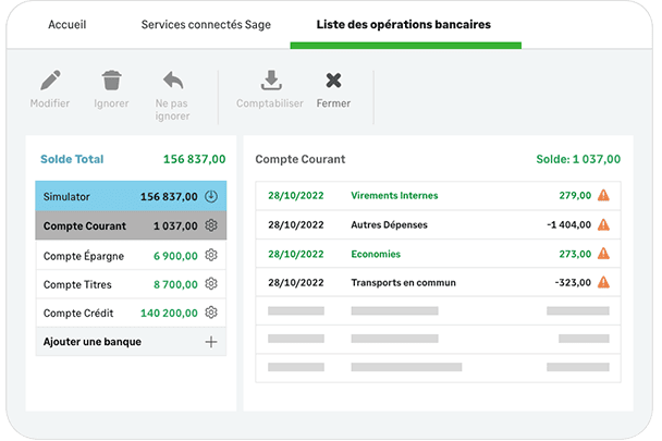 Capture d'écran de l'onglet Liste des opérations bancaires