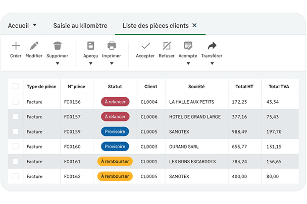 Capture d'écran de l'onglet Liste des pièces clients